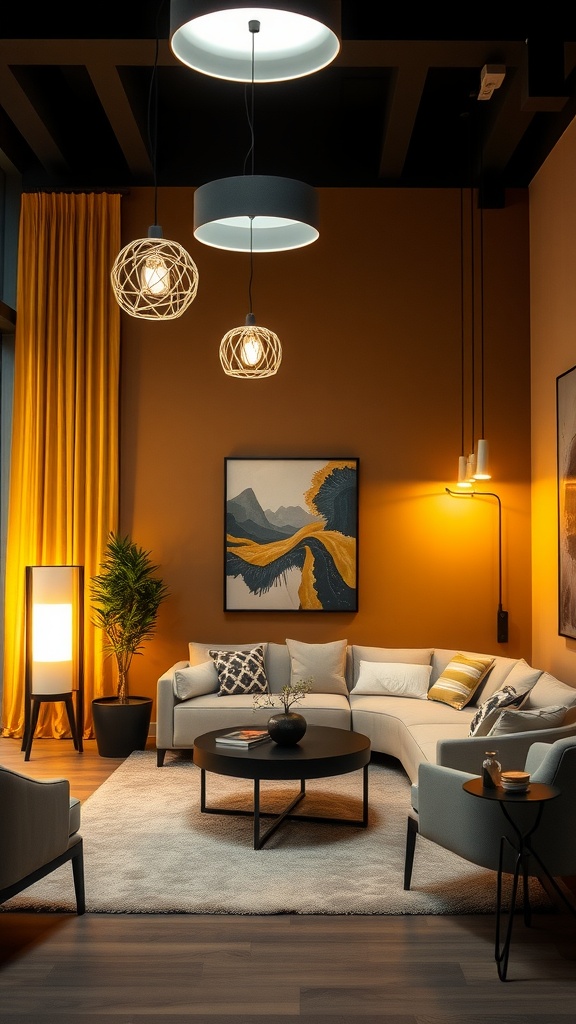 A stylish living room featuring modern lighting fixtures including a central chandelier and side lamps.