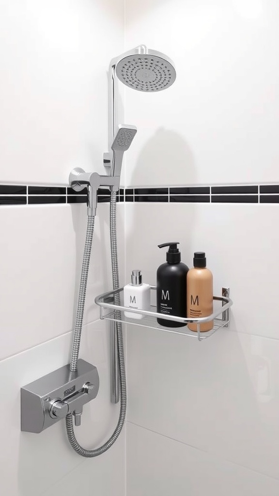 Modern shower accessories including a chrome showerhead, handheld shower, and stylish product bottles on a shelf.