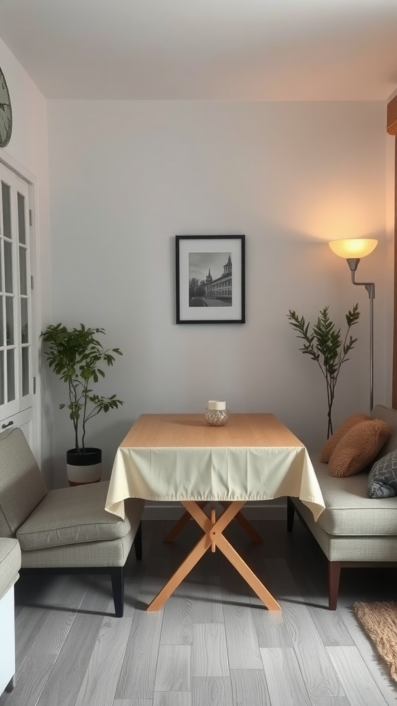 A cozy small dining area with a foldable table and comfortable seating in a light setting.