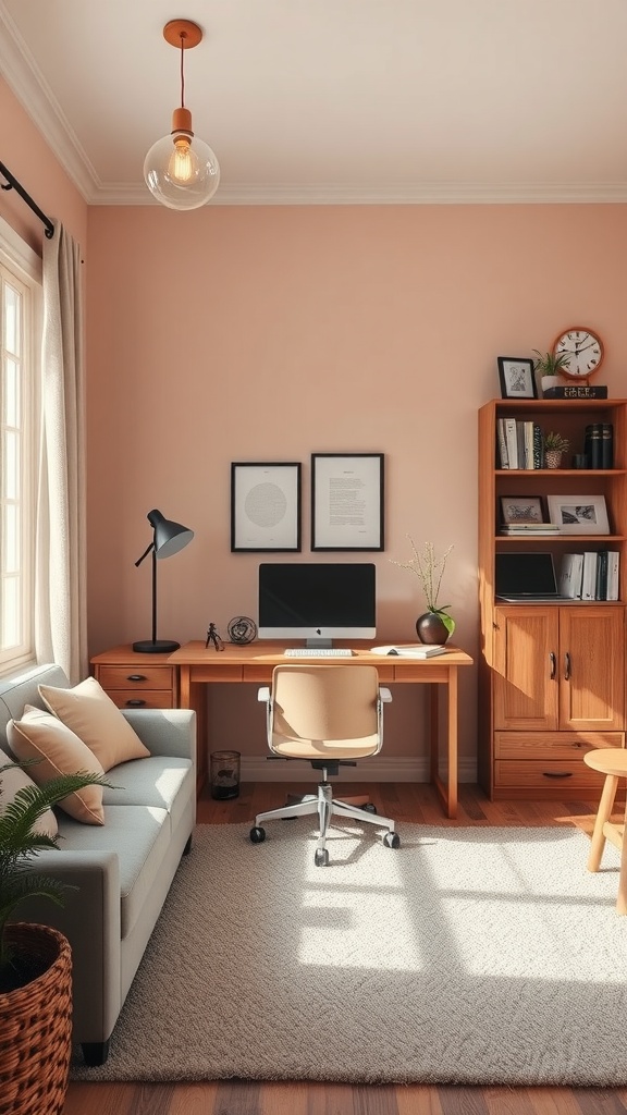 Cozy home office featuring a light peach wall, wooden desk, and comfortable couch.
