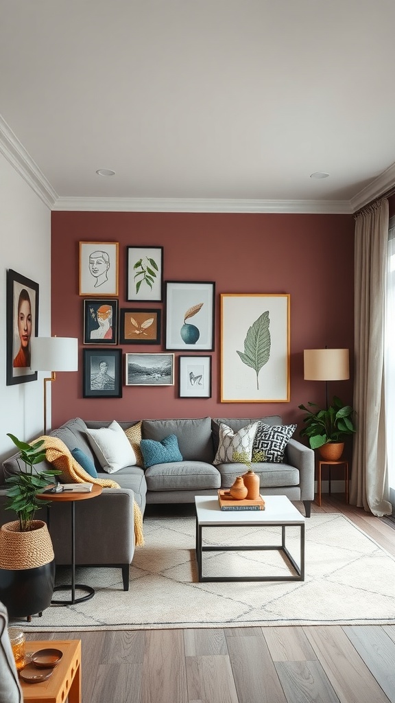 Cozy small living room with a colorful accent wall and artworks.