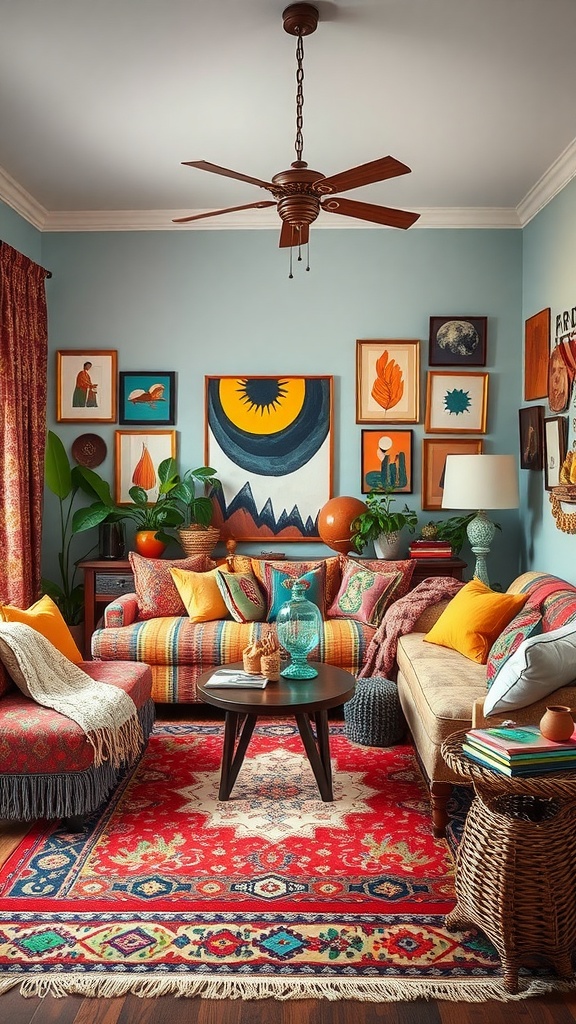 A cozy living room featuring colorful bohemian decor with patterned sofas, a vibrant rug, and various artworks on the walls.