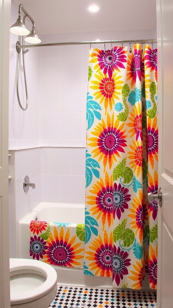 A vibrant floral shower curtain in a small bathroom