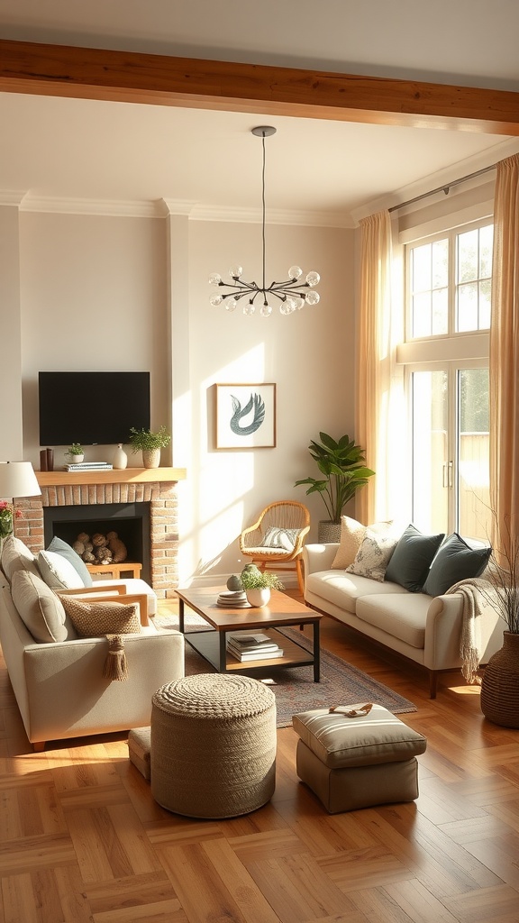 A cozy living room with a light color scheme, elegant furniture, and natural light, designed for family gatherings.