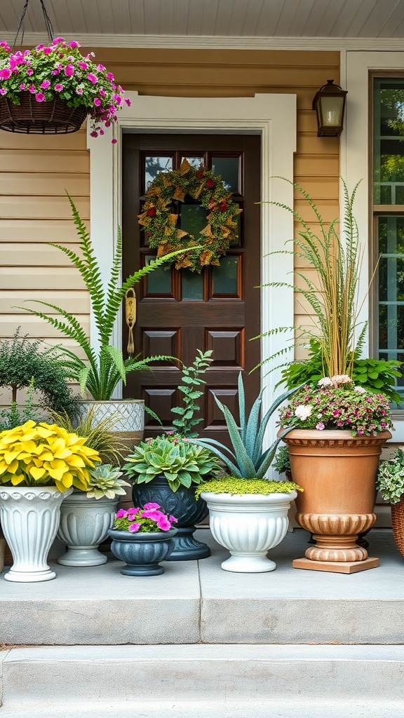 Colorful container garden with various plants on a front porch