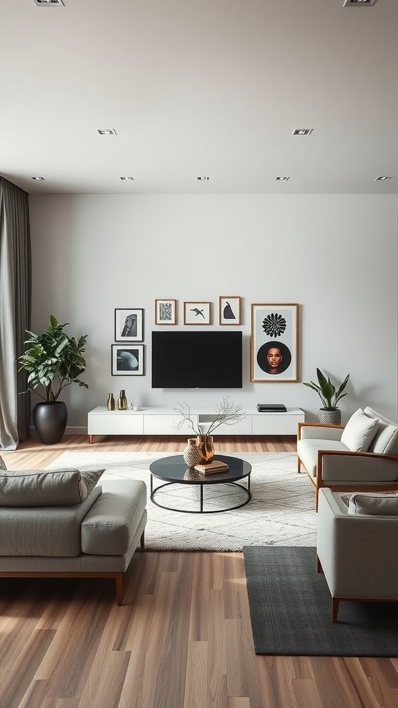 A contemporary living room featuring modern furniture, wall art, and plants.