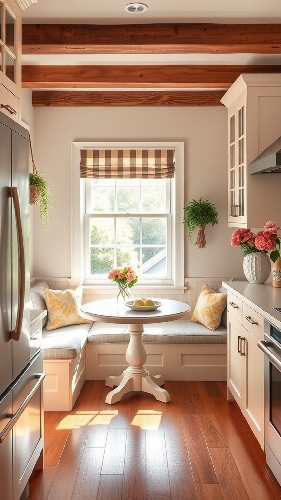 A cozy breakfast nook featuring a round table, comfortable seating, and plants in a sunny corner.