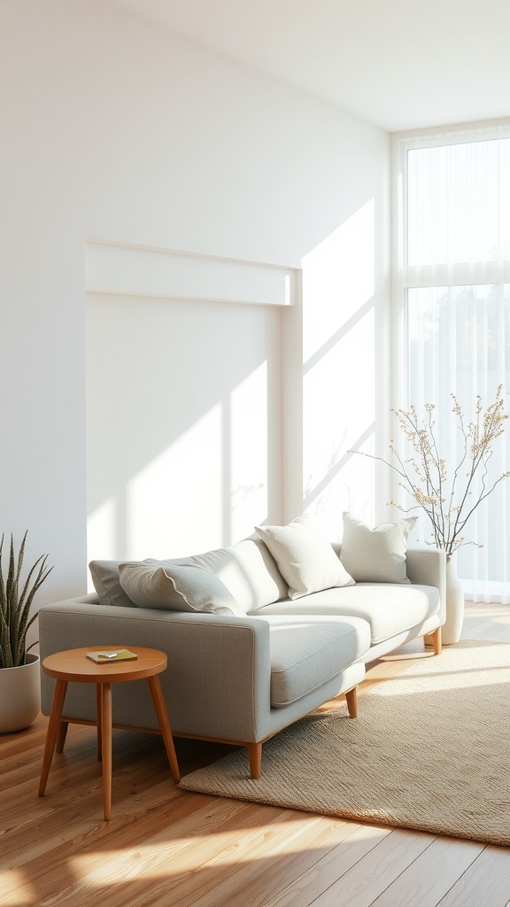 A cozy minimalist living room featuring a light sofa, wooden side table, and large windows allowing natural light.