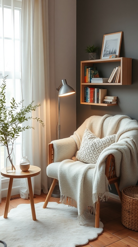 Cozy reading nook with a comfortable chair, blanket, and plants