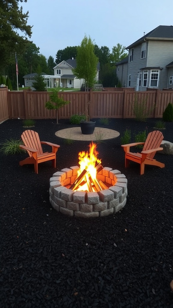Cozy fire pit area surrounded by black mulch and wooden chairs.