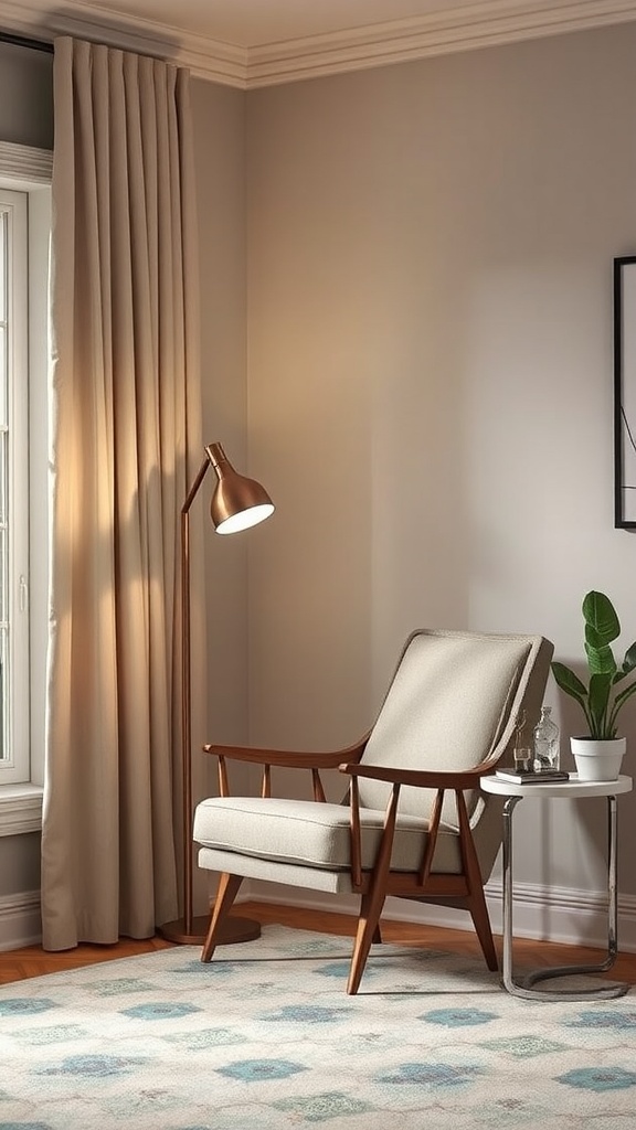 Cozy reading nook with a comfortable chair, lamp, and side table in a small living room.