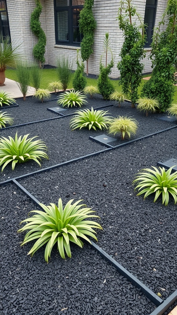 A modern minimalist landscape featuring black mulch and green plants.