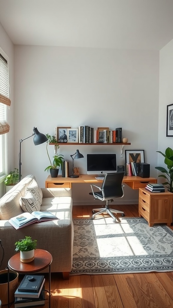 Cozy home office featuring a couch, desk, and plants.