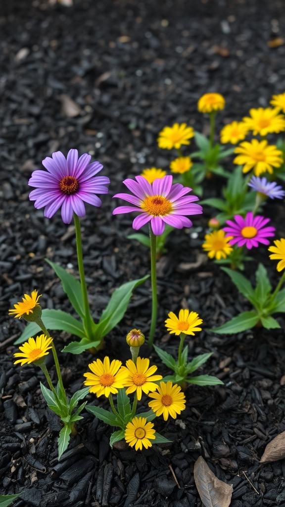 Vibrant flowers in a garden with black mulch.
