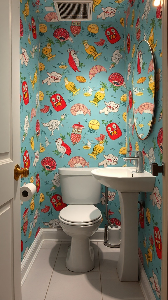 Small bathroom with vibrant, playful wallpaper featuring sea creatures and colorful patterns.