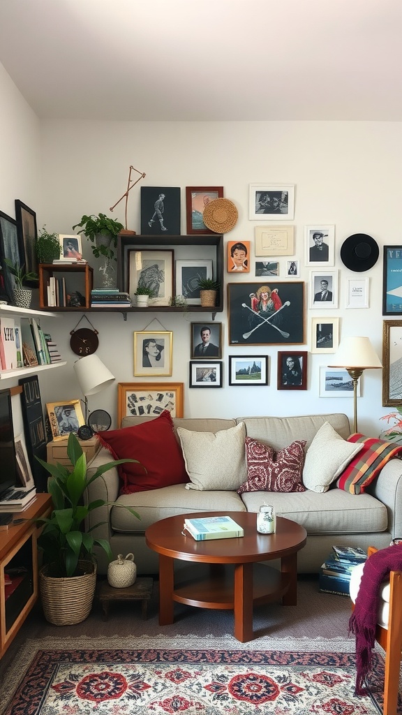 Cozy small living room with a wall of framed art and plants.