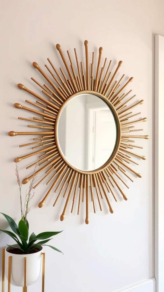 A decorative sunburst mirror on a light-colored wall in an entryway.
