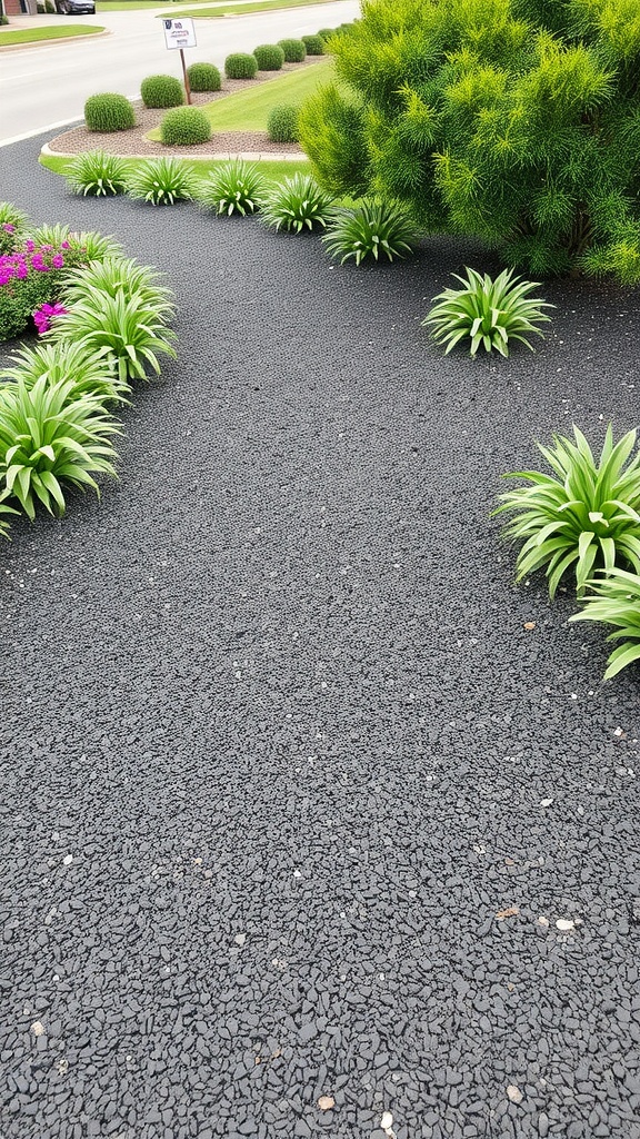Pathway lined with black mulch and green plants