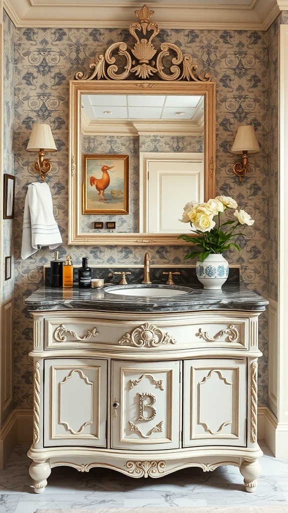 An elegant bathroom vanity with a marble top, decorative details, and stylish fixtures.