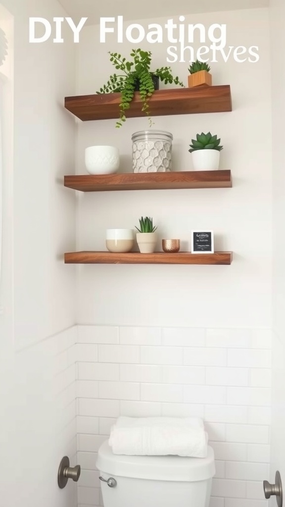 Three DIY floating shelves in a bathroom, showcasing plants and decorative items.