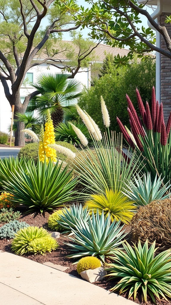 A vibrant front yard with various drought-resistant plants including agave and yucca.