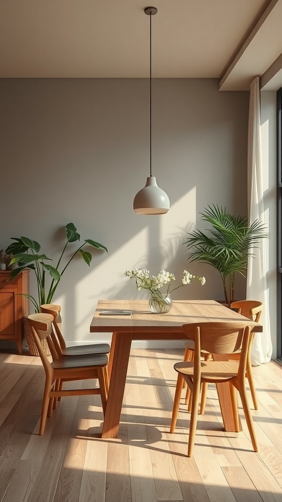 A boho chic dining room featuring a wooden table, earthy tones, and plants.