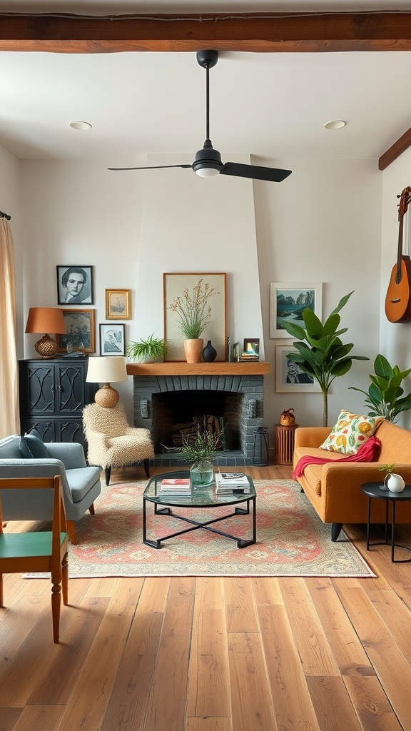 A cozy living room with eclectic decor featuring an orange sofa, a blue armchair, a glass coffee table, and various artworks on the walls.