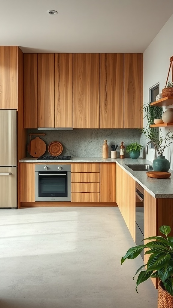 A modern kitchen with wooden cabinets, a gray countertop, and green plants.