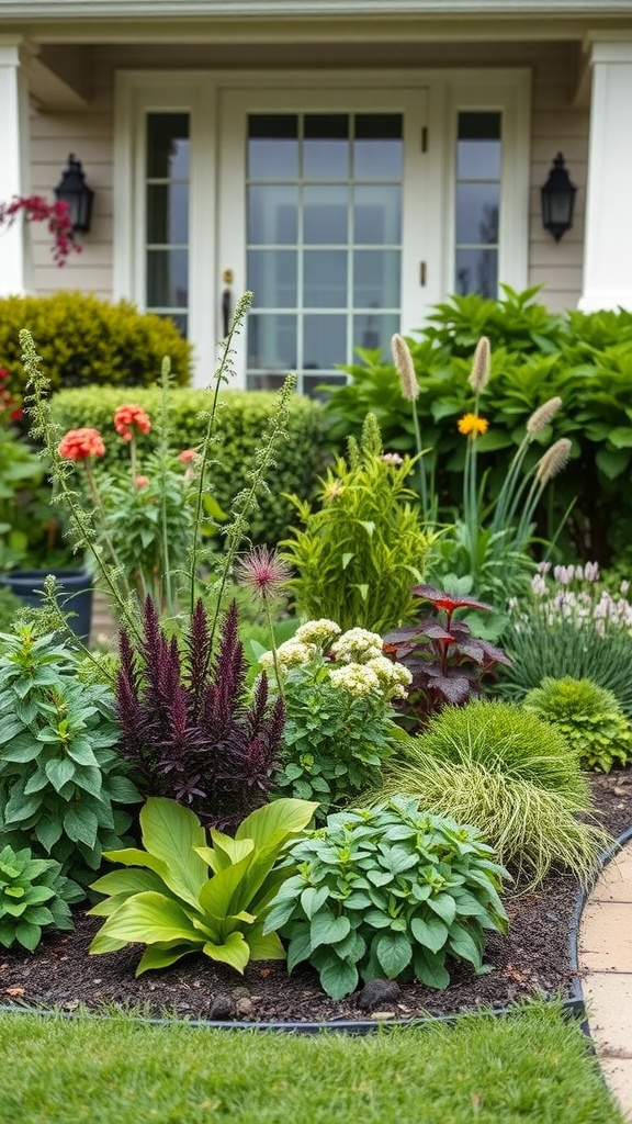 Colorful front yard garden featuring various plants including edible herbs and flowers.