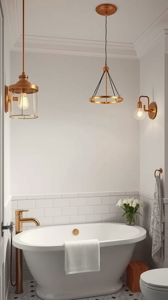 A stylish bathroom featuring elegant lighting fixtures, including pendant lights and wall sconces in warm metals.