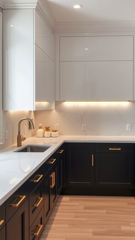 A modern kitchen featuring marble countertops and dark cabinetry.