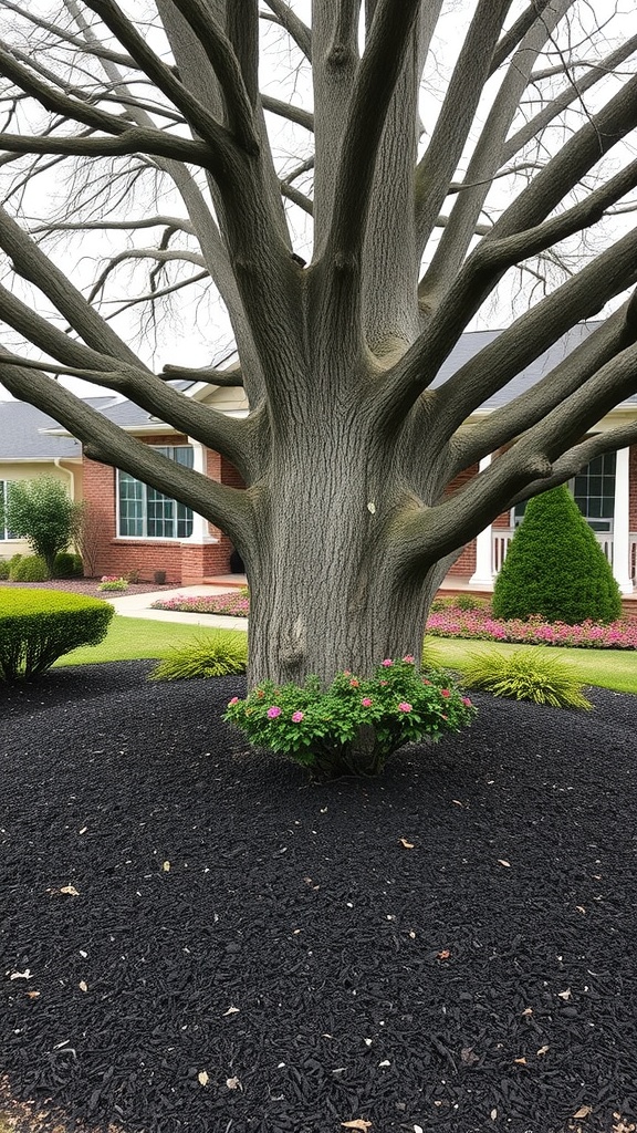 A large tree with a black mulch base and pink flowers around it.