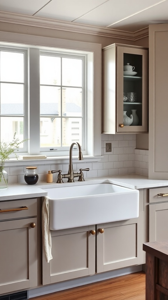 Modern kitchen with a farmhouse sink and warm-toned cabinets.