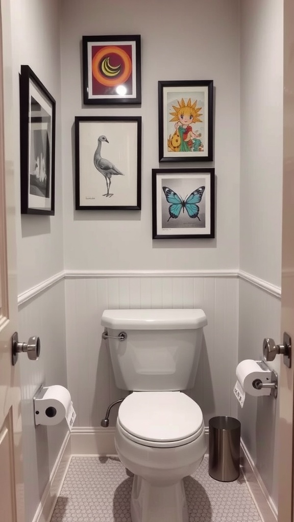 Small bathroom with framed art displayed above the toilet.