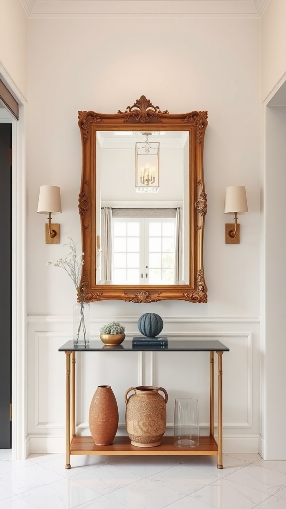 Elegant framed mirror above a sleek console table in an entryway.