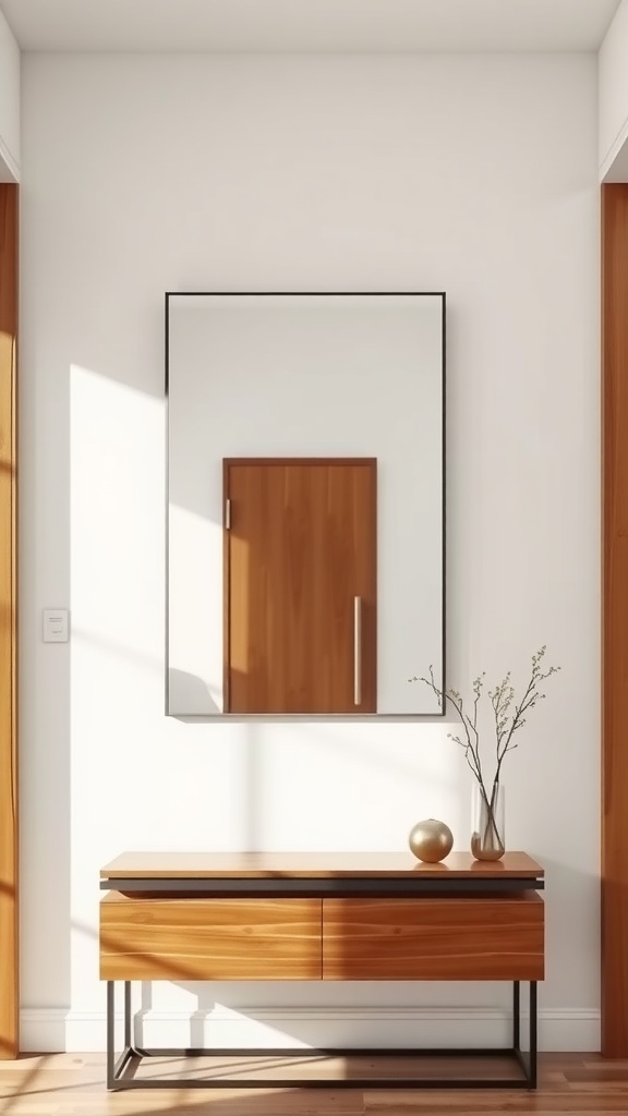A modern entryway featuring a frameless wall mirror above a wooden console table.