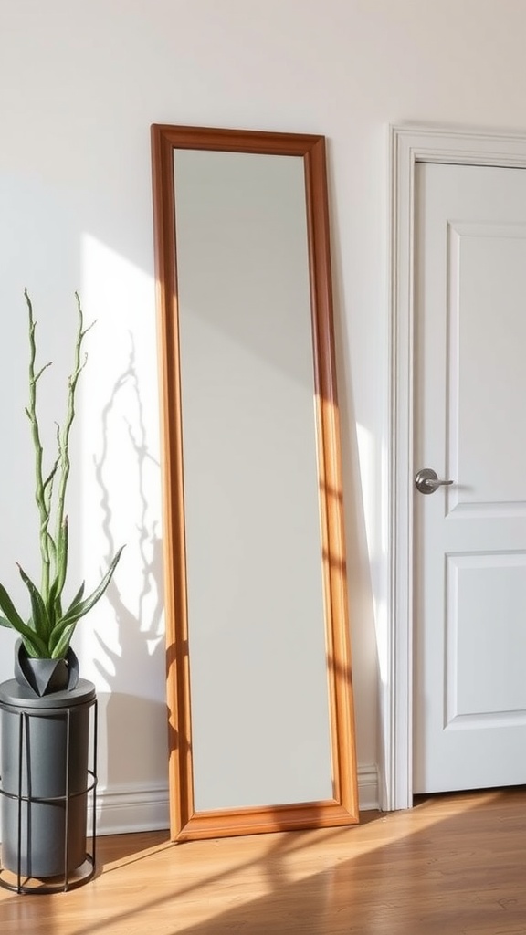 A full-length mirror with a wooden frame leaning against a wall next to a plant.