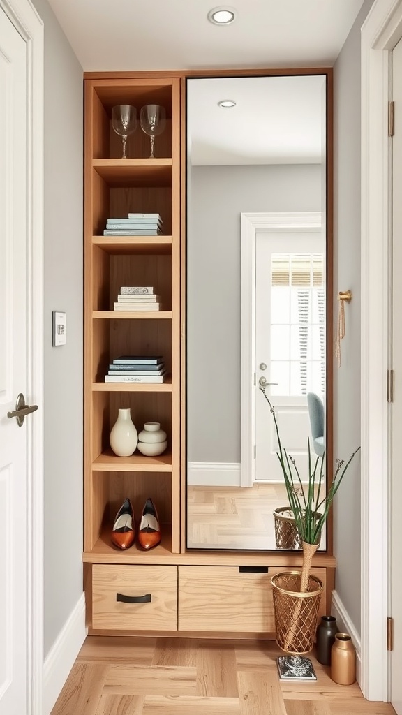 A stylish entryway with a storage mirror featuring shelves and drawers.