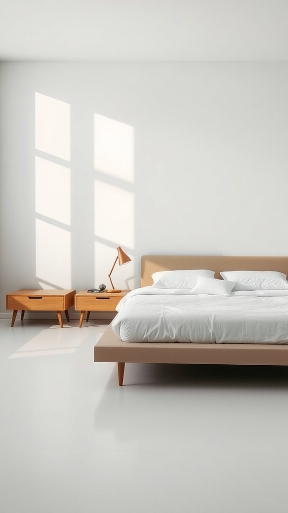 Minimalist bedroom featuring a simple bed and stylish nightstands.