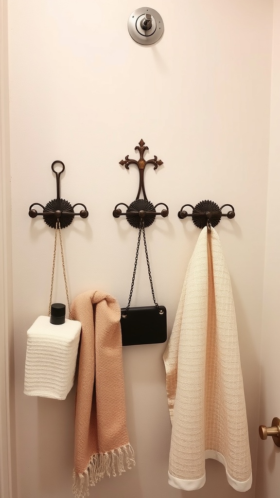 Decorative wall hooks in a small bathroom holding towels and accessories.