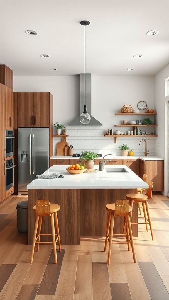 Modern kitchen with a central island, wooden cabinets, and bar stools.