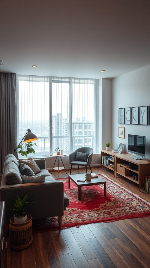 A stylish living room with large windows, a comfortable sofa, and a cozy chair, demonstrating a multi-use space.