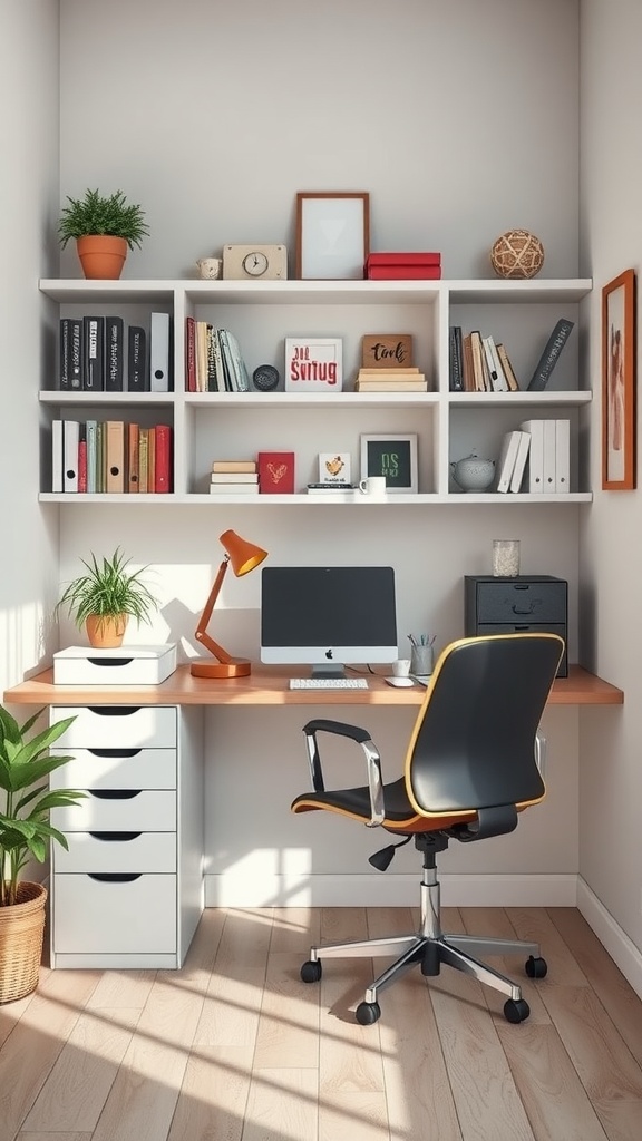 A cozy and organized home office featuring a desk, shelves, and plants.