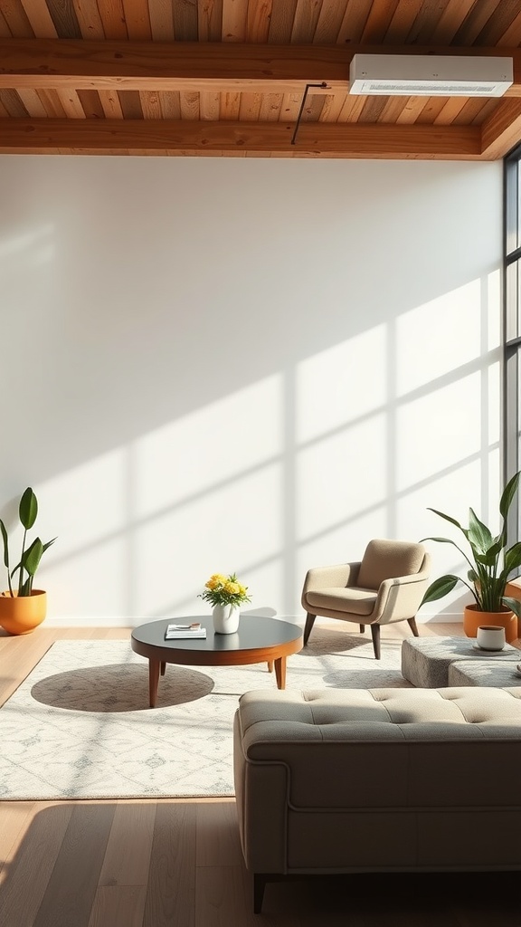 A cozy, modern living room featuring a beige sofa, a round black coffee table, and potted plants.