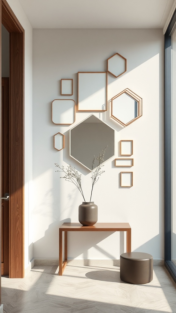A modern entryway featuring various geometric mirrors in different shapes and sizes on a wall.