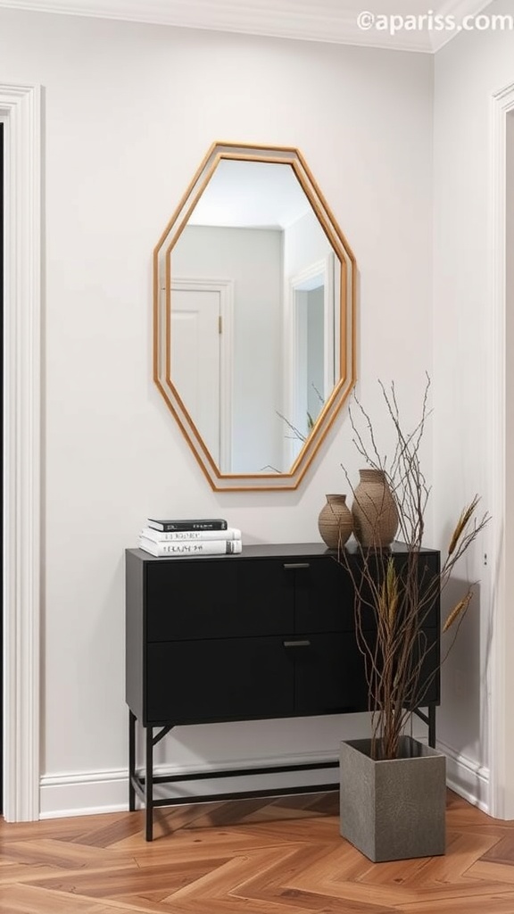 A modern geometric wall-mounted mirror in an entryway with a black cabinet and decorative items.
