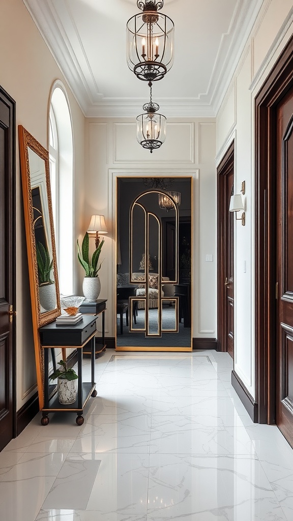 A stylish entryway featuring a floor-length mirror with a decorative frame.
