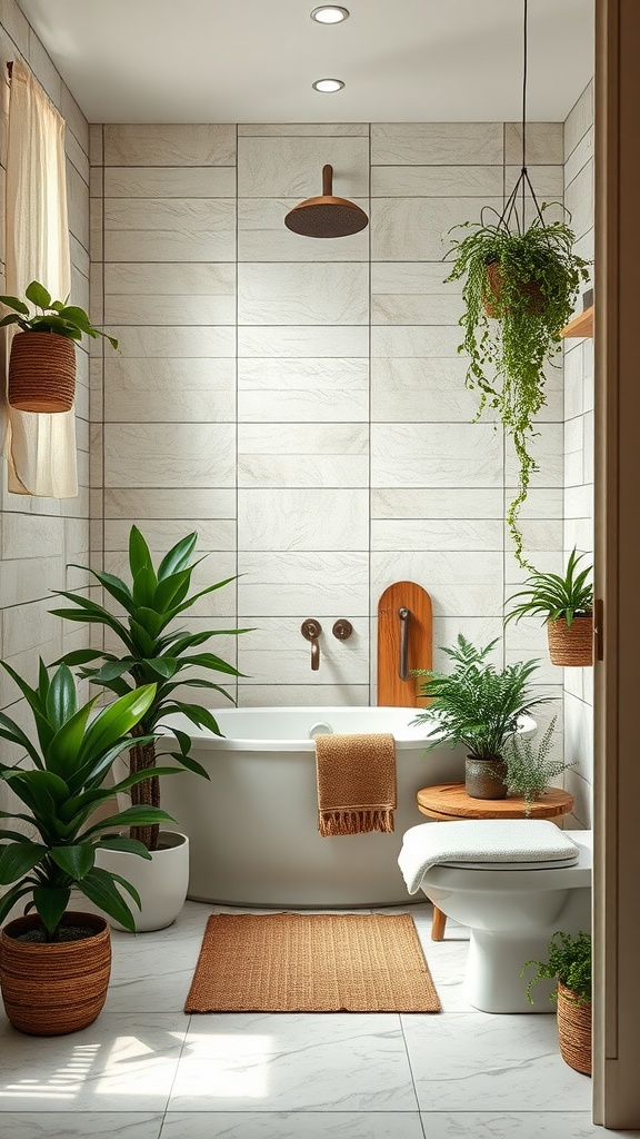 A beautifully designed bathroom featuring plants and natural elements.