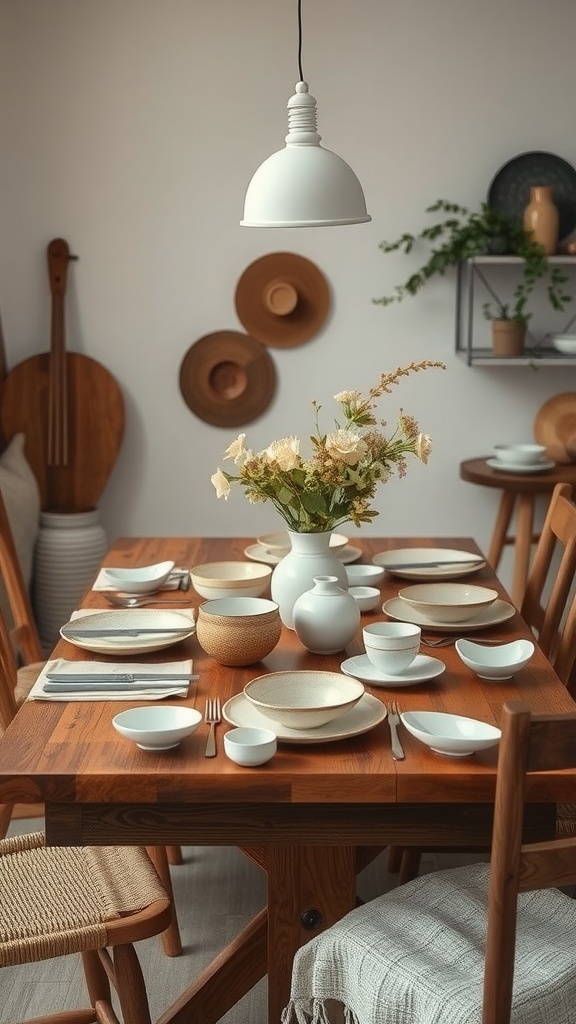 A boho chic dining room table set with handmade pottery and serving dishes.