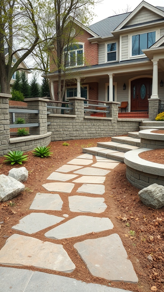 An inviting front yard featuring a stone pathway and surrounding hardscaping elements.